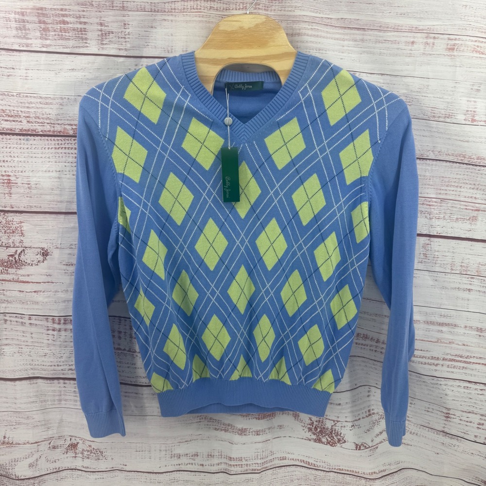 Bobby Jones Sweater Mens Large Pima Cotton Argyle V-Neck Casual Preppy Golf  NEW